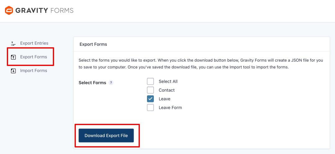 Gravity Forms Export Forms tab for downloading a form structure as JSON