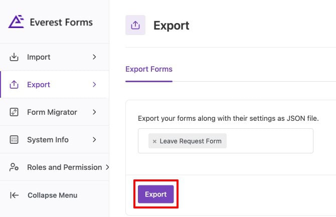 Everest Forms Tools Export tab with a form selected ready for export as a JSON file