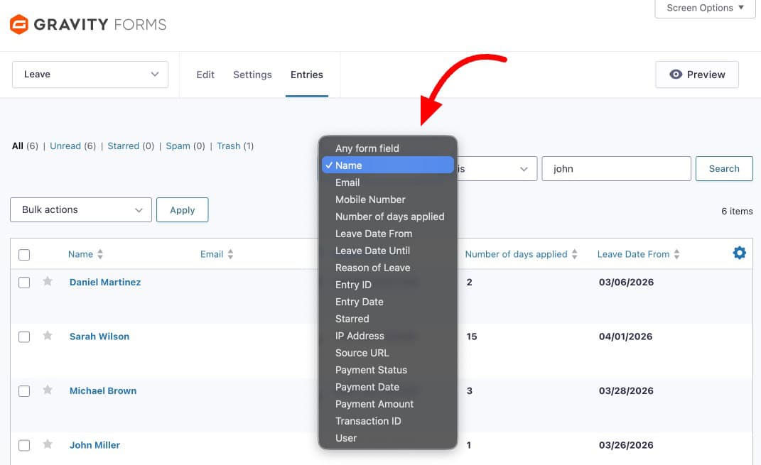 Gravity Forms field-level filter applied to the Entries list