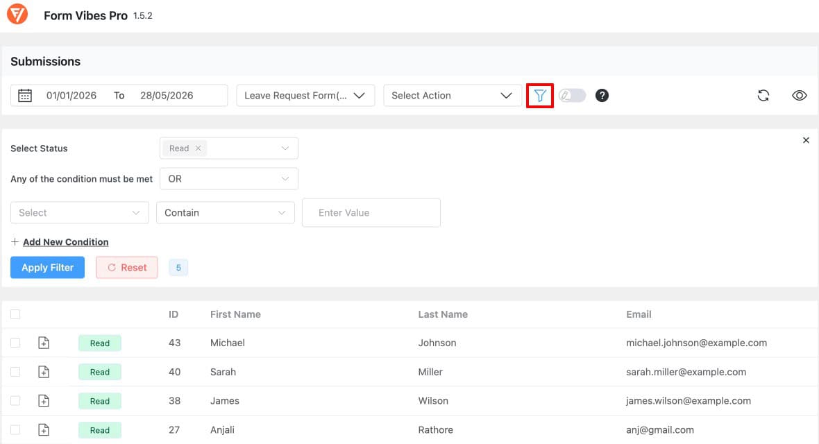 Form Vibes advanced filtering applied to Everest Forms submissions
