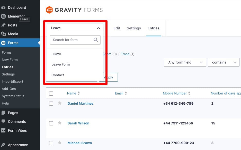 Gravity Forms Entries page form dropdown for switching between forms
