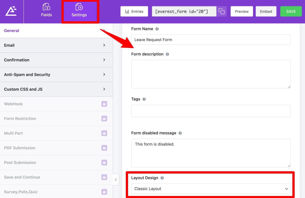 Everest Forms General Settings showing layout options and Submit button configuration