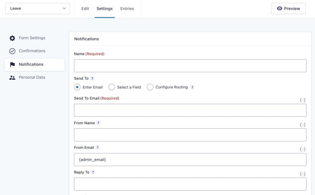 Gravity Forms Notification Settings showing email notification configuration with merge tags