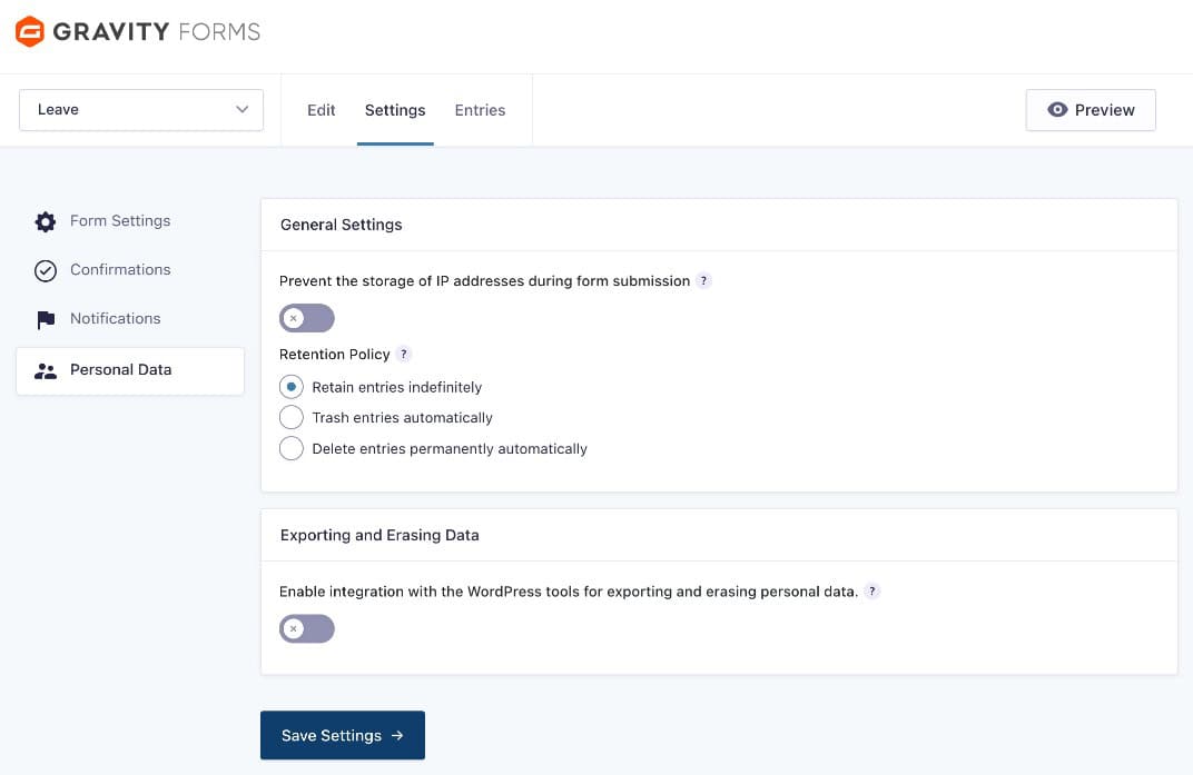 Gravity Forms Personal Data settings showing data retention and GDPR-related controls