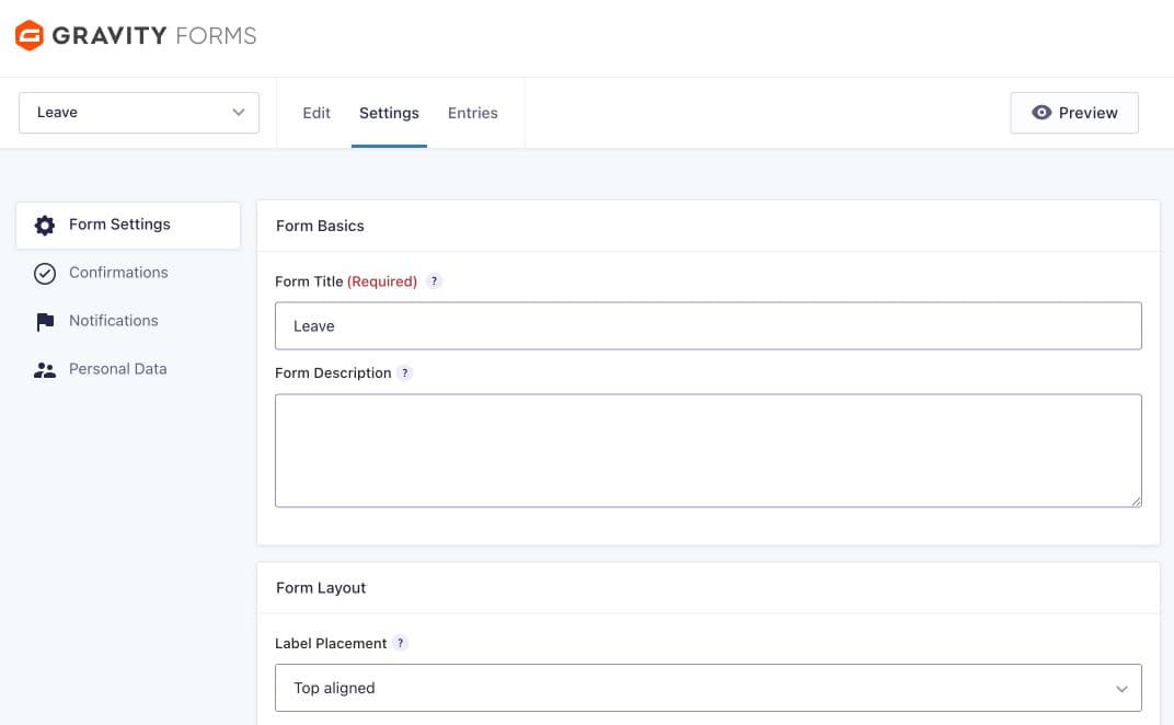 Gravity Forms Form Settings screen showing Form Details