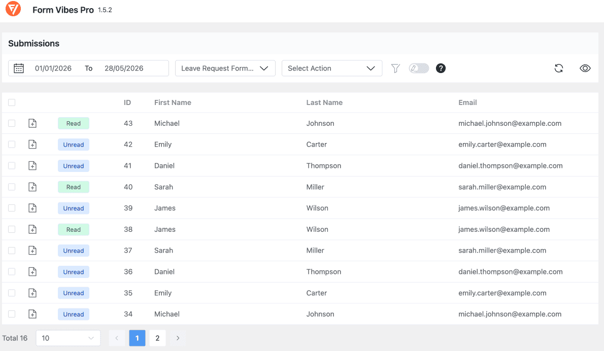 Everest Forms submissions captured in the Form Vibes Submissions dashboard