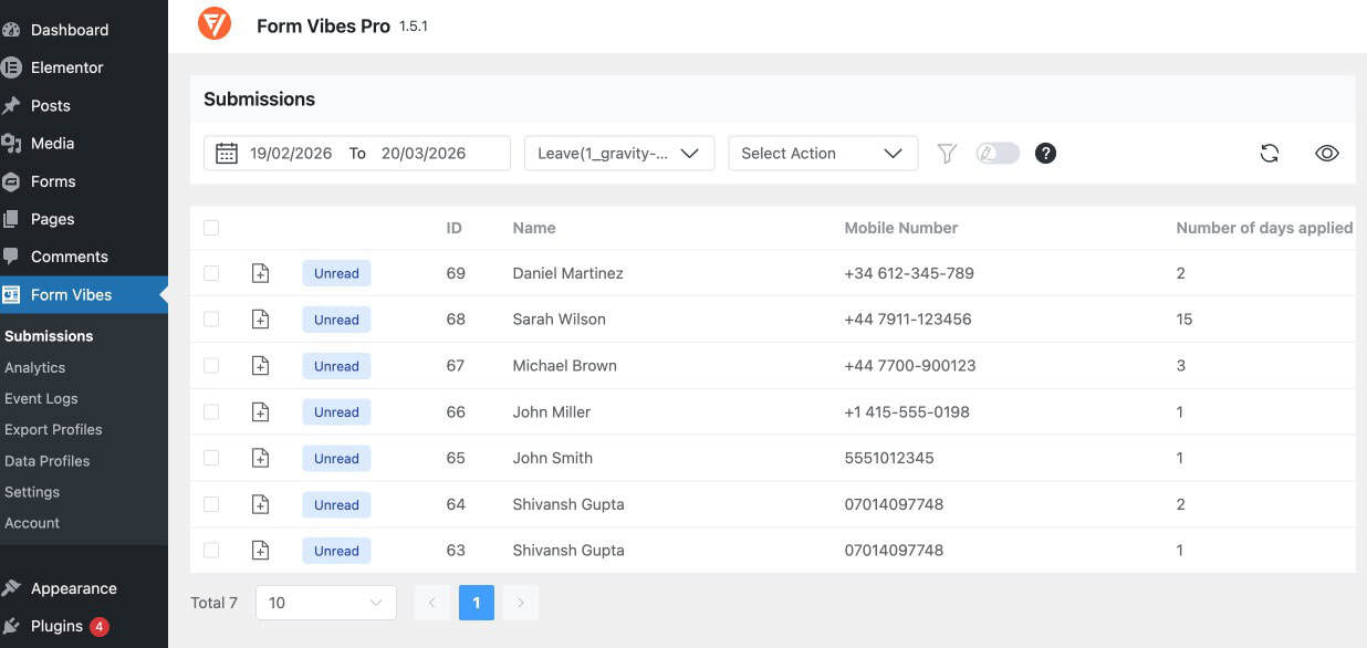 Gravity Forms submissions visible in the Form Vibes Submissions dashboard
