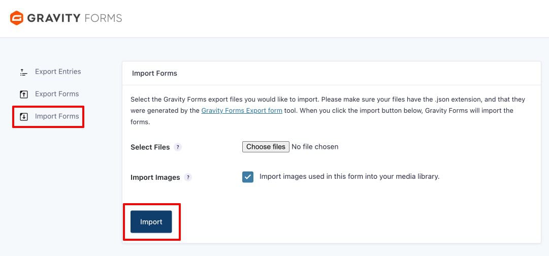 Gravity Forms Import Forms tab for uploading a JSON form file
