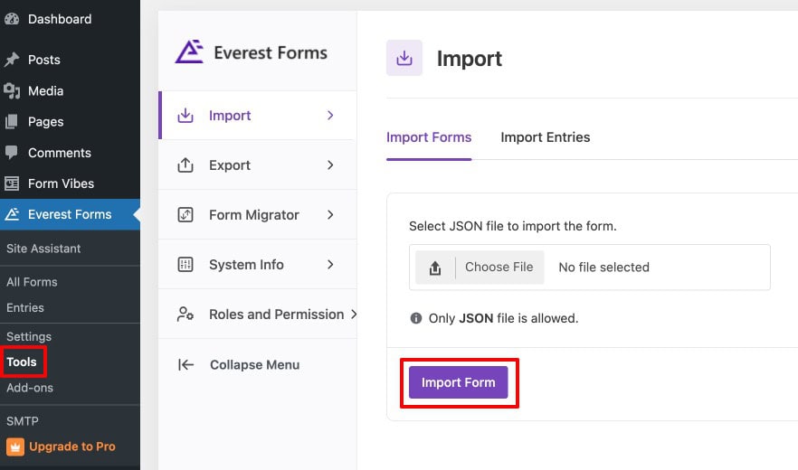 Everest Forms Tools Import tab showing the JSON file upload area for importing a previously exported form