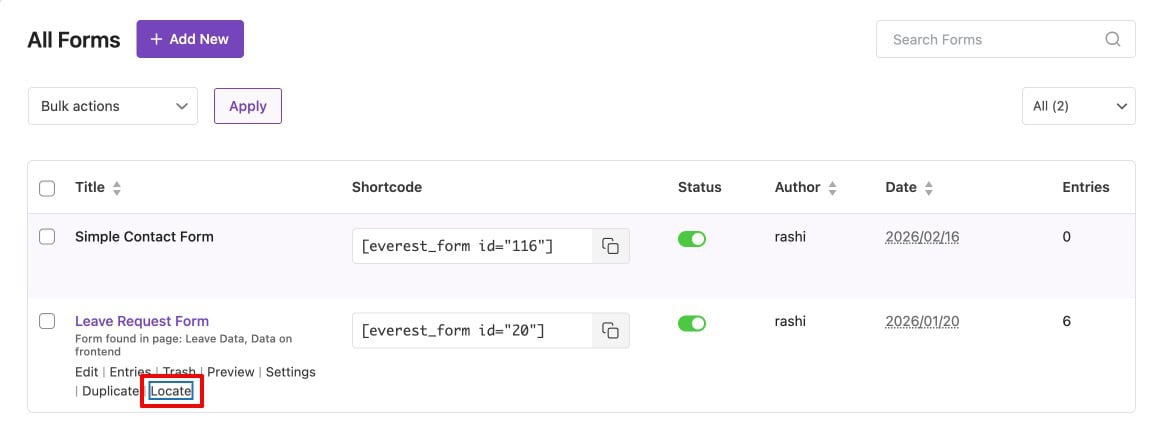 Checking which pages an Everest Forms form is used on from the All Forms list