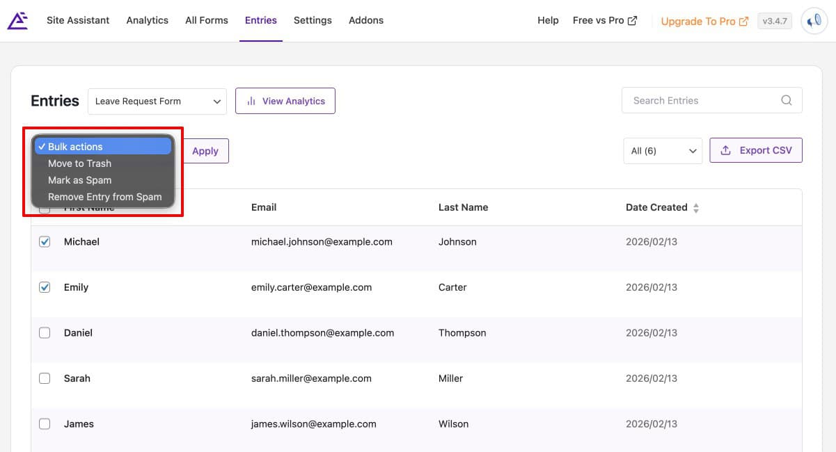 Mark as Spam option on an Everest Forms entry in the Entries list