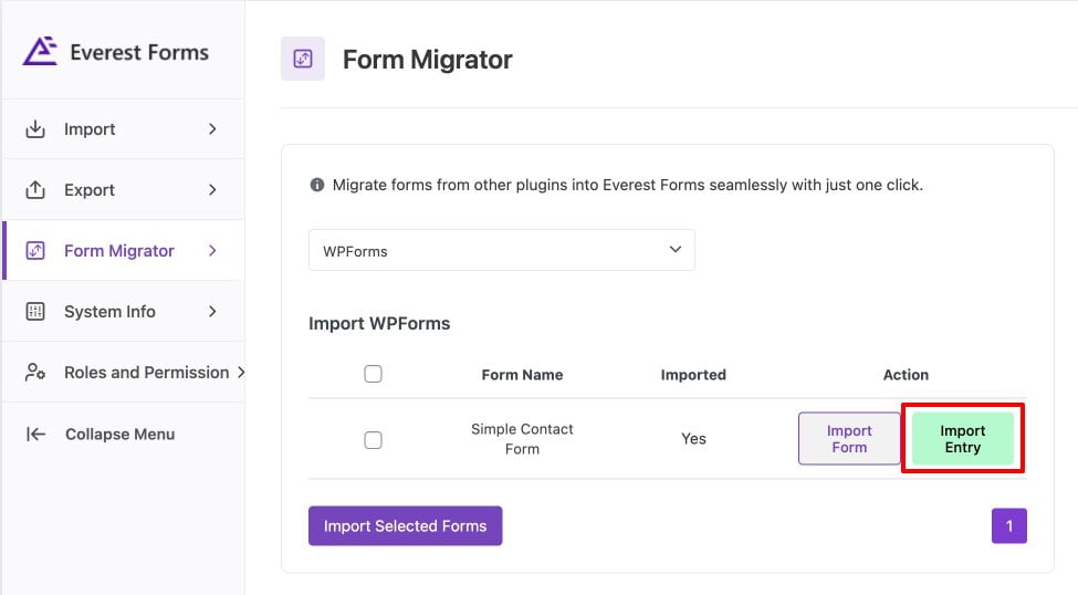 Everest Forms Form Migrator showing the Import Entry option for importing entries after form migration