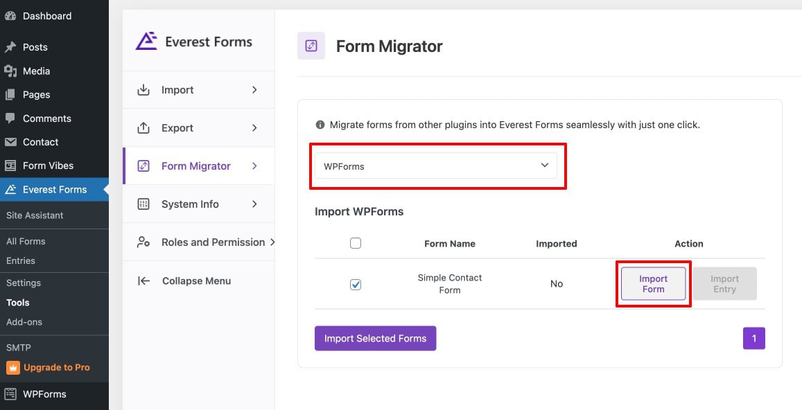 Everest Forms Form Migrator showing supported plugin selection and form list with import options