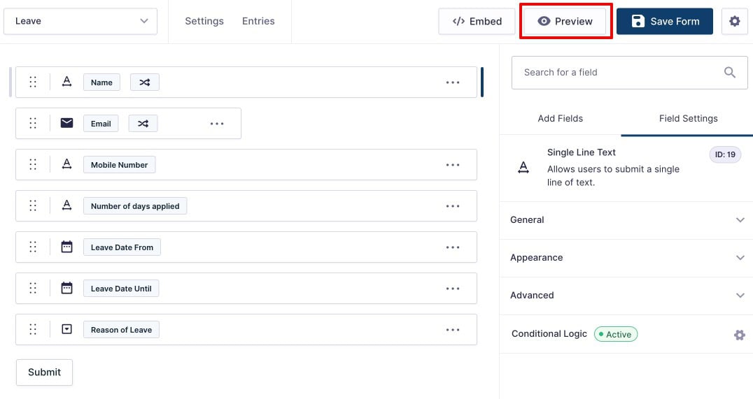 Gravity Forms form builder showing the Preview button for testing the form before publishing