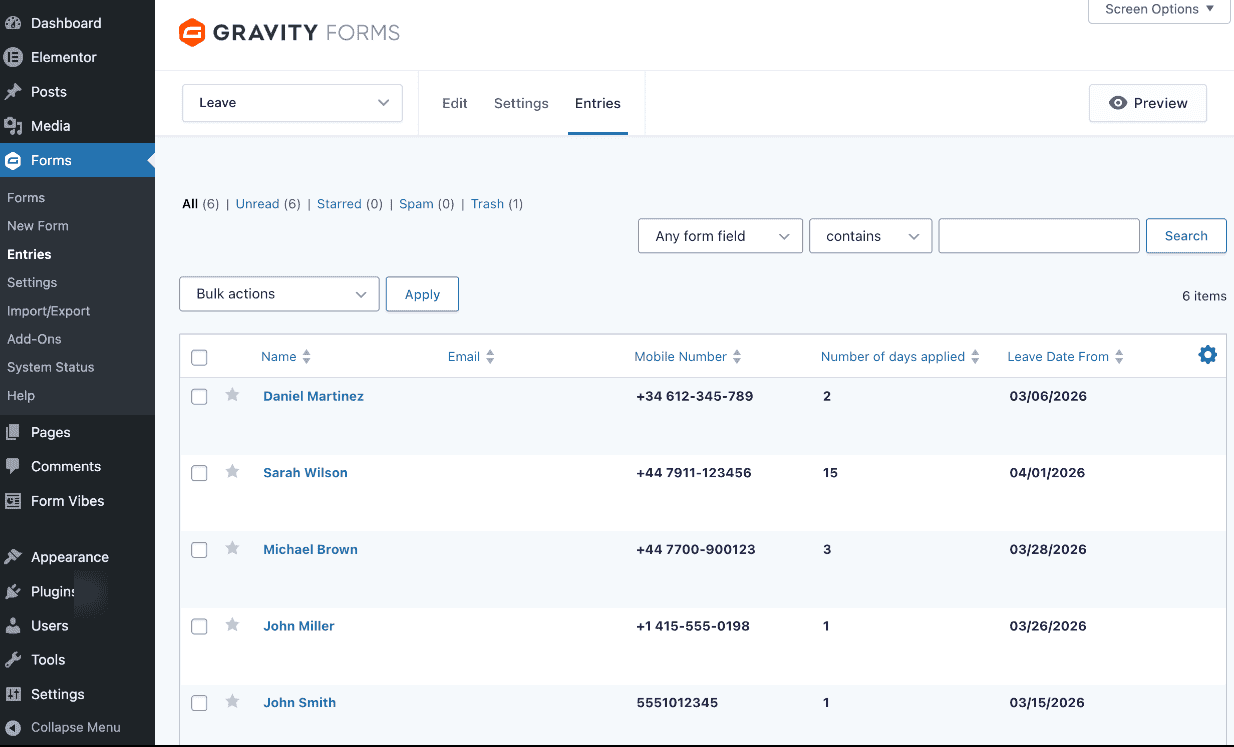 Gravity Forms Entries list showing form submissions in the WordPress admin