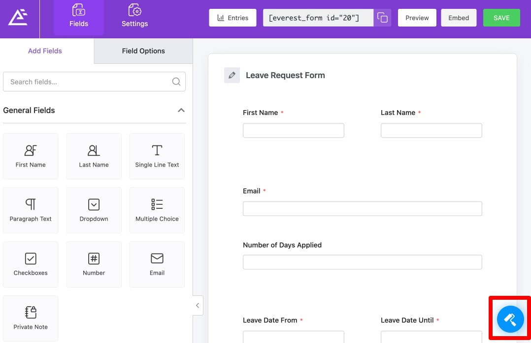 Everest Forms form builder with Form Designer icon visible in the bottom-right corner