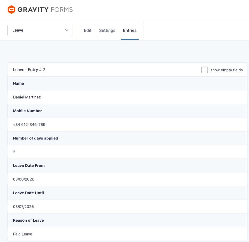 Gravity Forms single entry detail showing full submission data