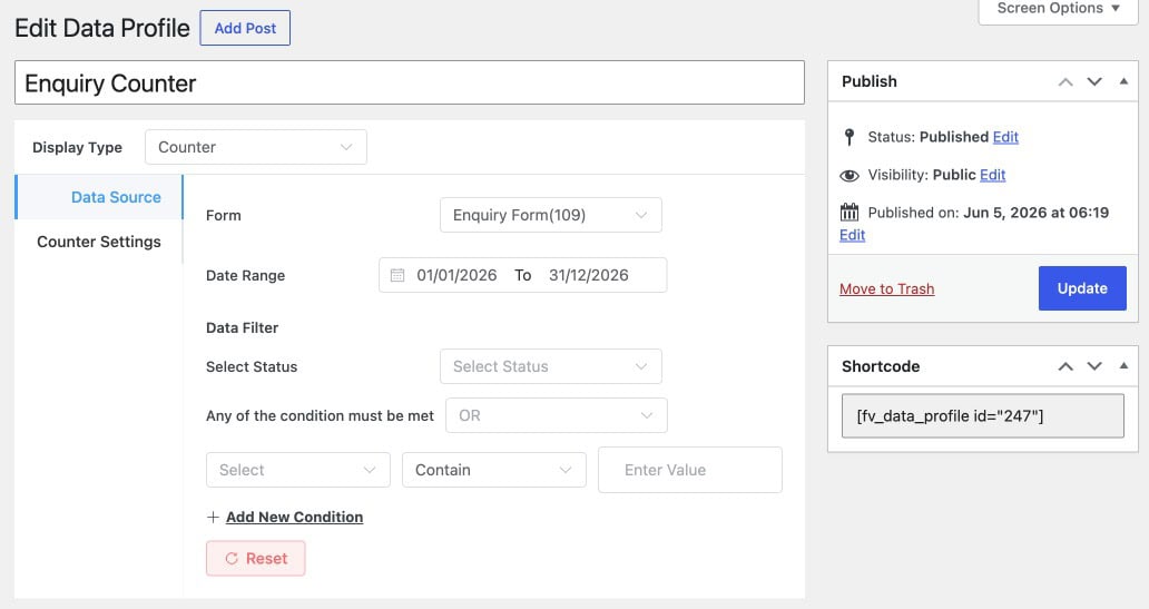 Form Vibes Data Profile Counter display type Data Source tab showing form and filter configuration