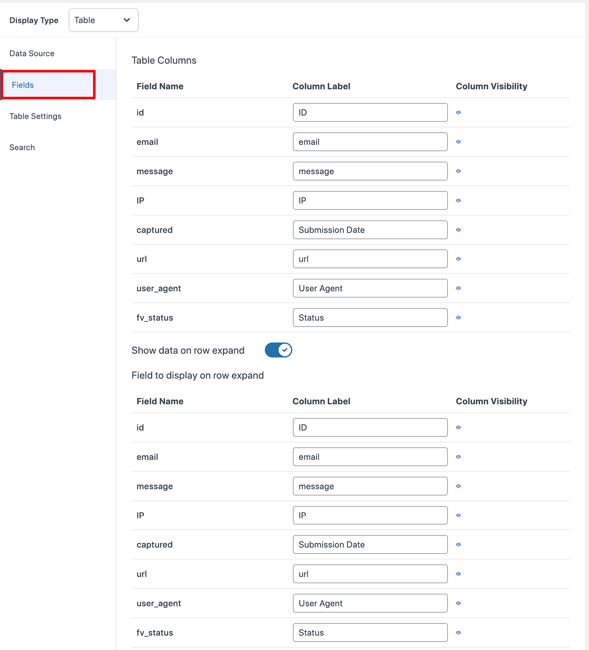 Form Vibes Data Profile Fields tab showing column label editing and visibility eye icon toggles