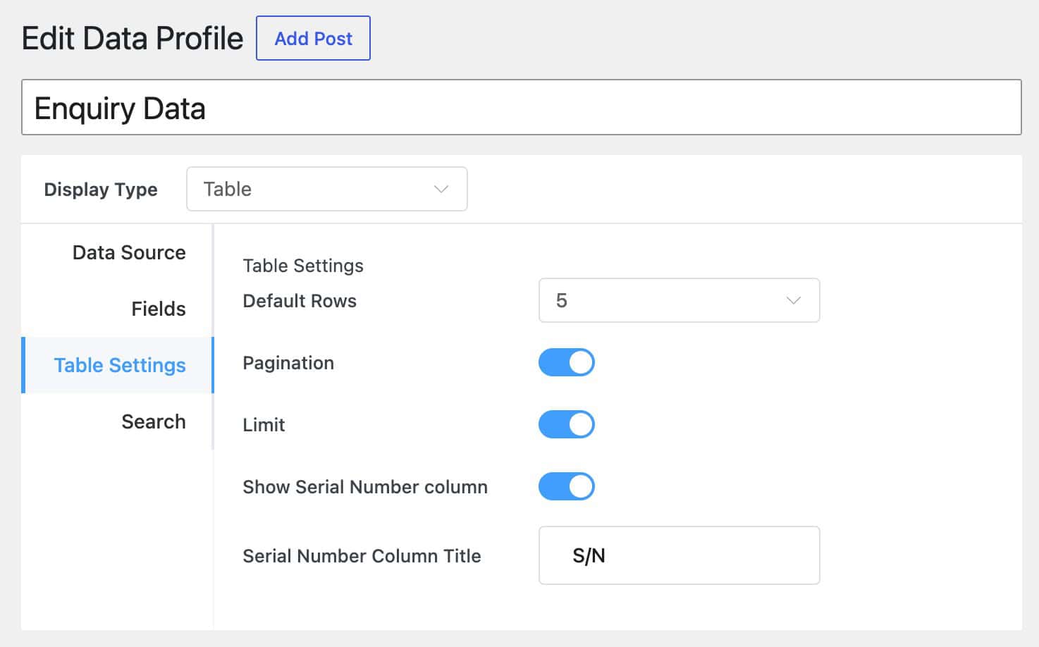 Form Vibes Data Profile Table Settings