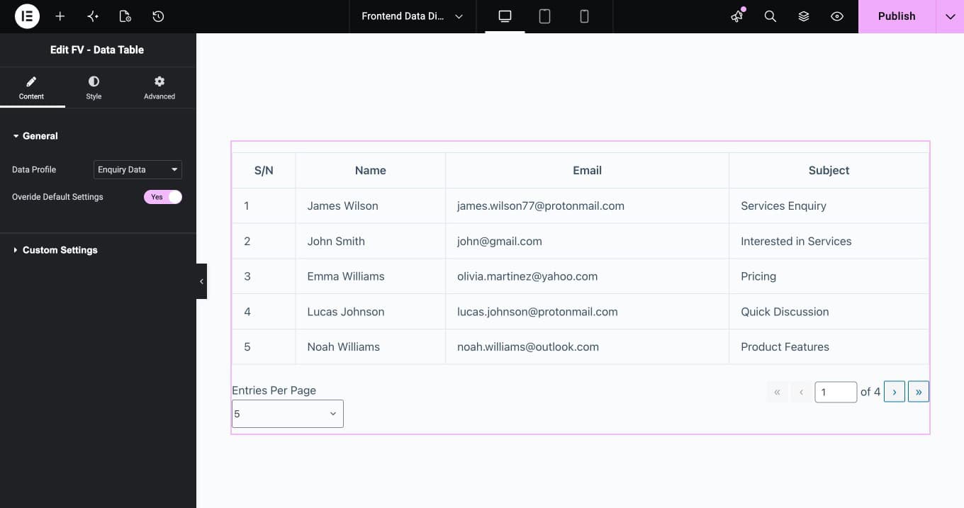 Elementor FV - Data Table widget Content tab showing Data Profile dropdown and Override Default Settings toggle