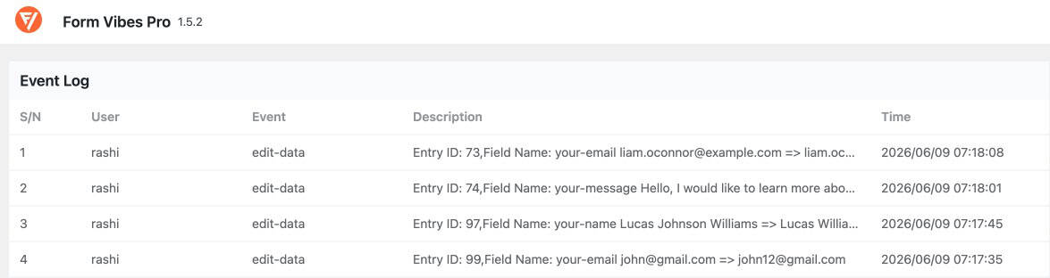 Form Vibes Event Log showing edit-data entries with field name and old to new value in description column