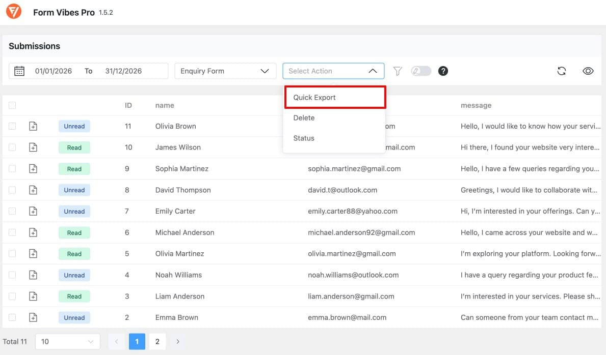 Form Vibes Submissions dashboard with Elementor form selected and Quick Export button visible
