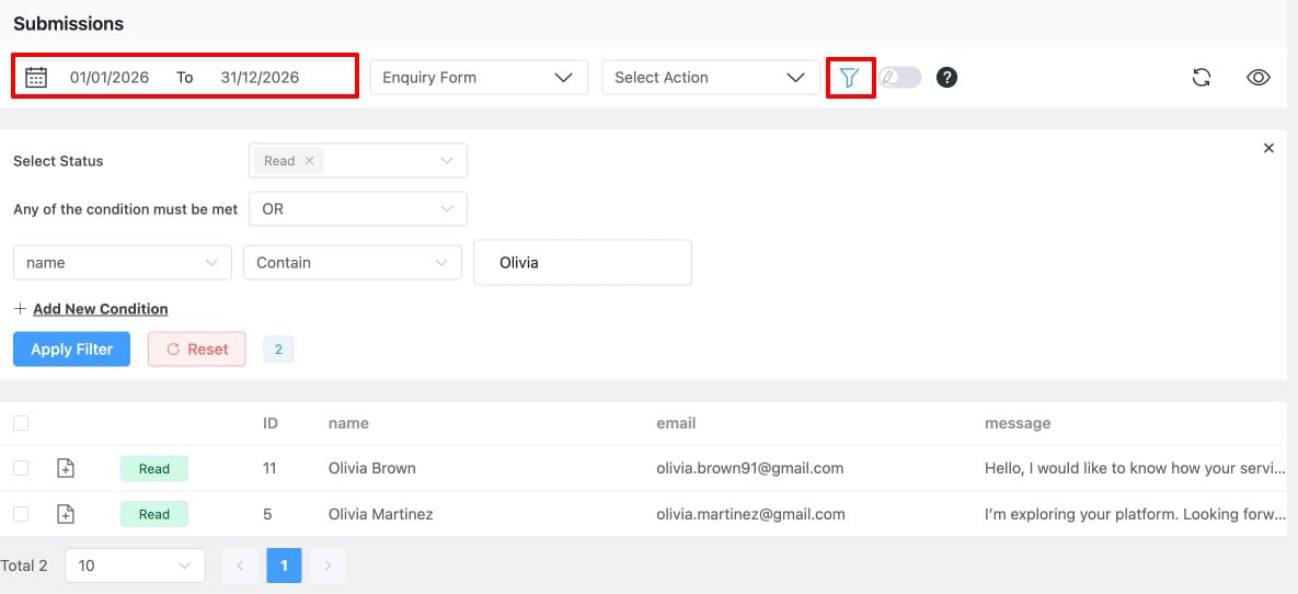 Form Vibes Submissions showing date range and Fields filter applied to Elementor form entries
