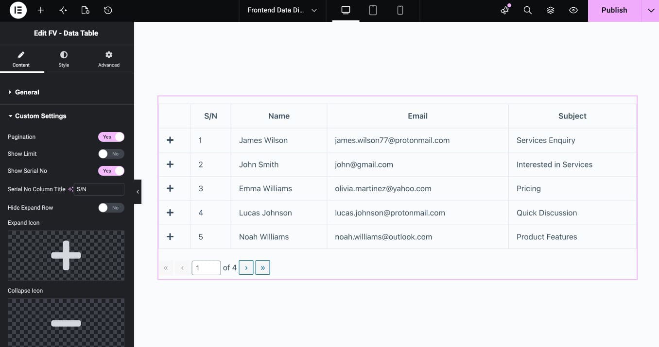 Elementor FV - Data Table widget Custom Settings showing override options for table behaviour