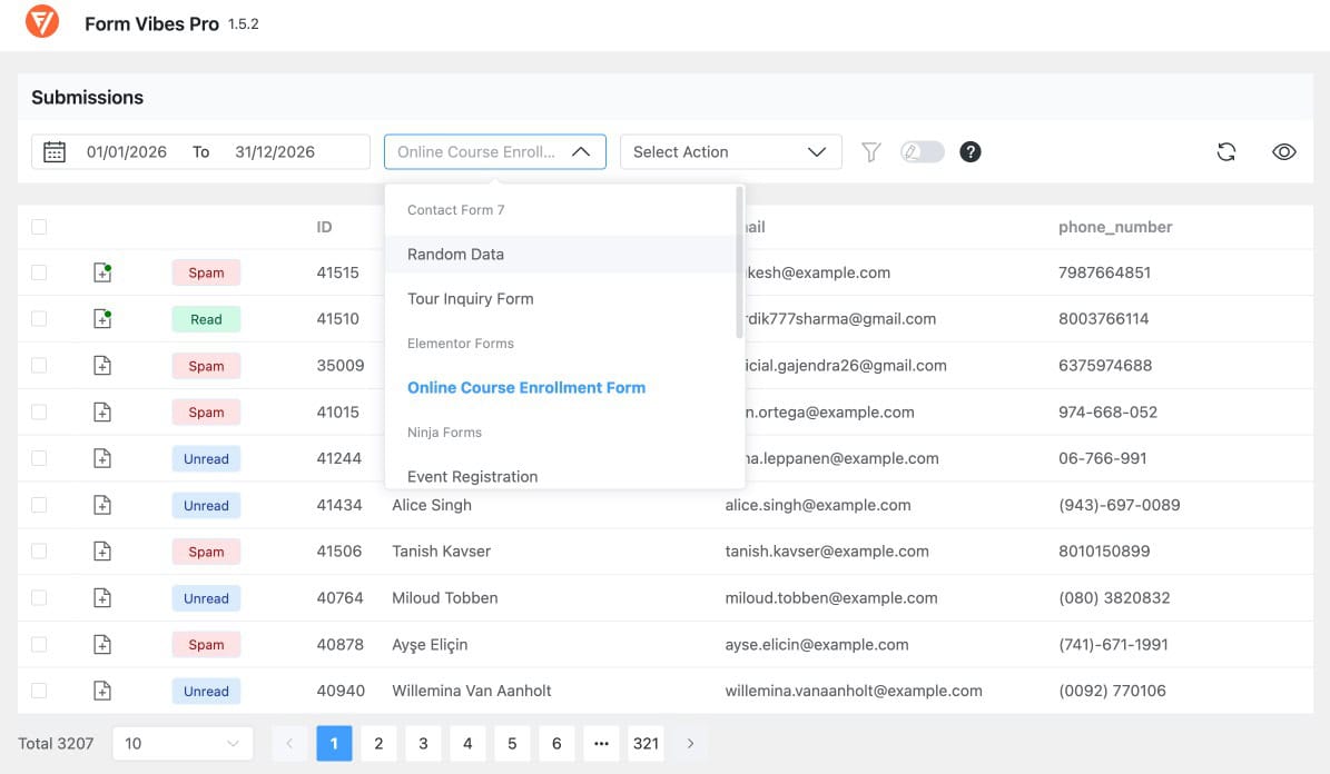 Form Vibes Submissions dashboard showing form dropdown with forms from WPForms, Elementor, and Gravity Forms listed together