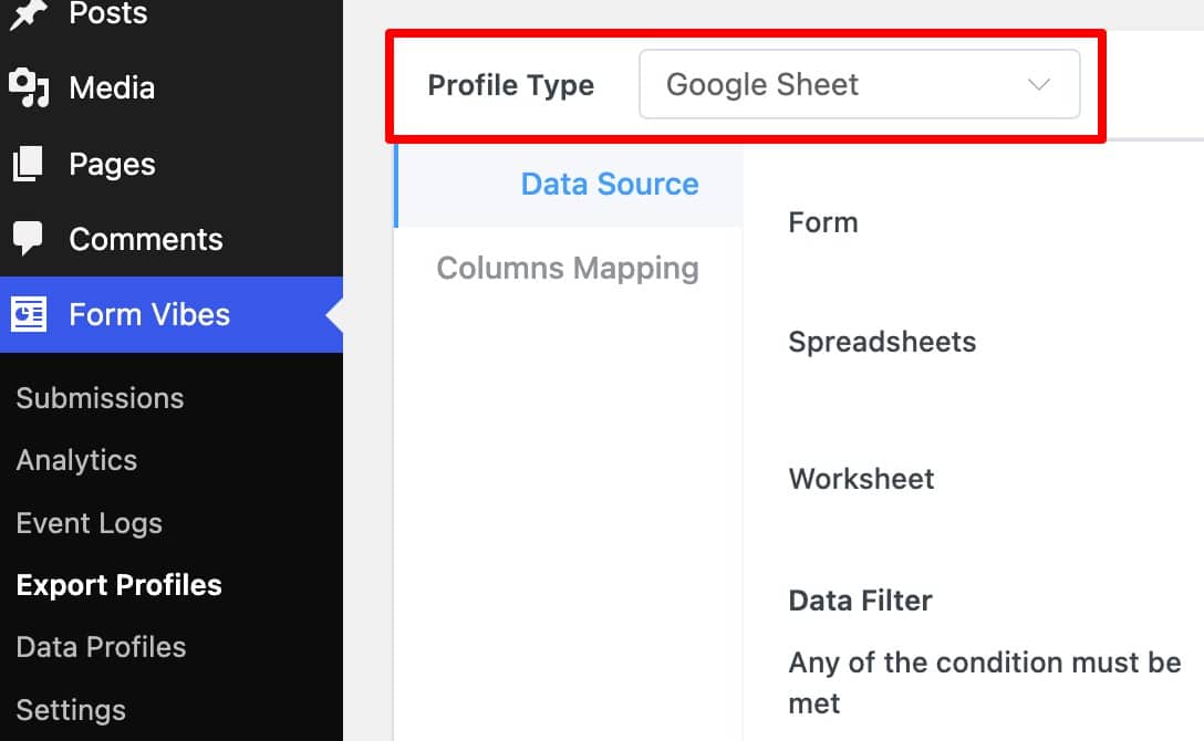 Choose Google Sheet Profile Type in Export Profile