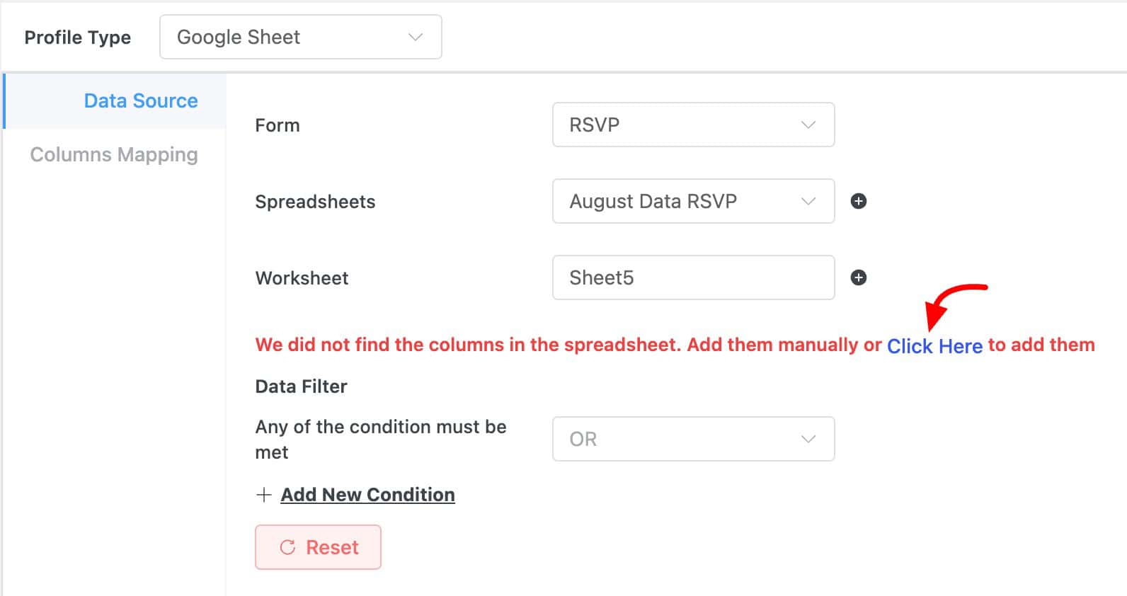 Configure Data Source Tab Export Profile