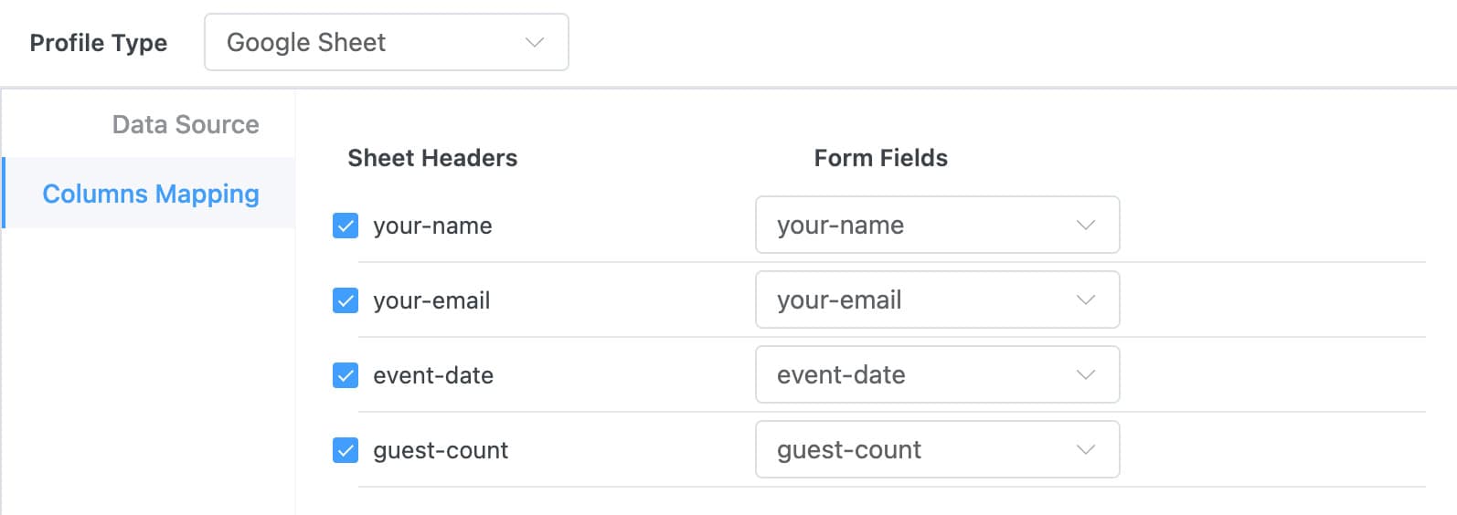 Columns Mapping tab with RSVP form fields mapped to spreadsheet columns