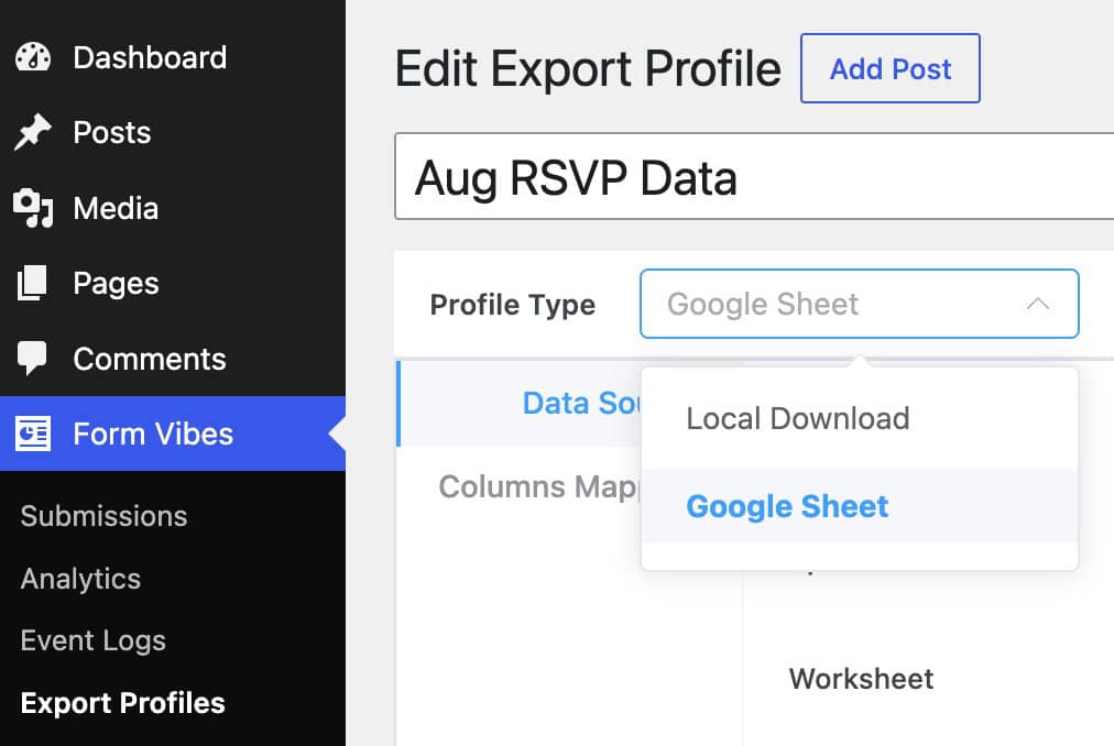 Export Profile Type selector showing Local Download and Google Sheet