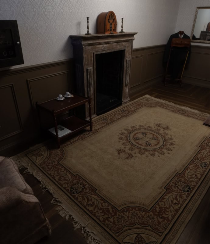 A living room with a fireplace and a rug.