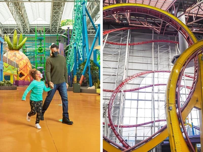 A collage of two images of giant malls. On the left is a father and daughter walking in a theme park. On the right is several loops of an indoor roller coaster