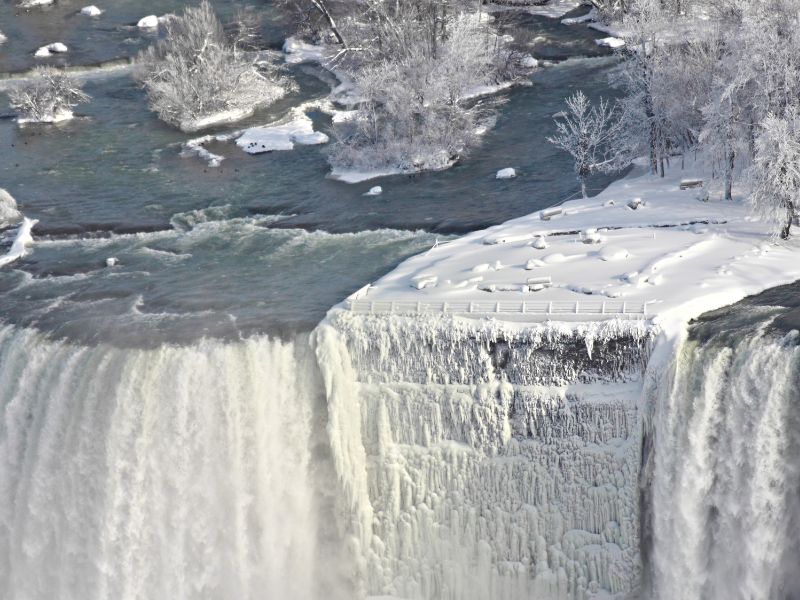 Aerial view of Niagara Falls with snow and ice around it