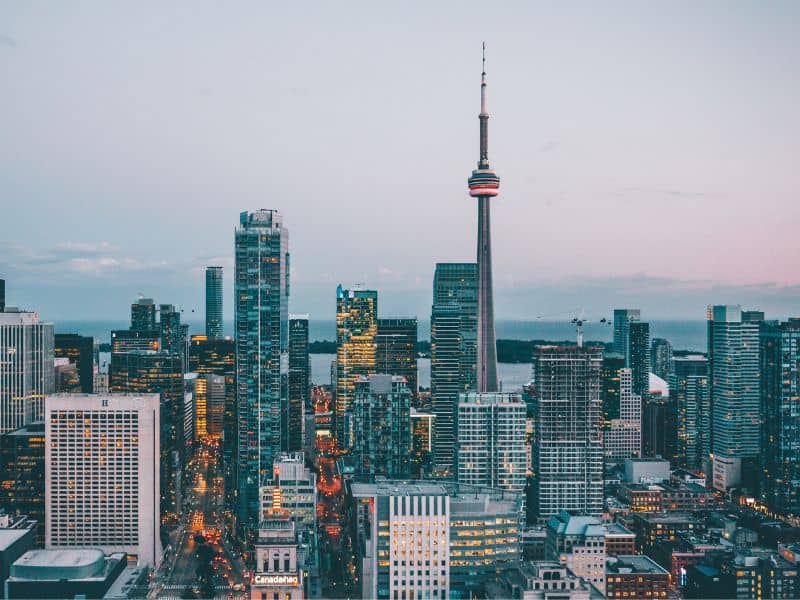 CN tower and other buildings of downtown Toronto, with Lake Ontario in the background