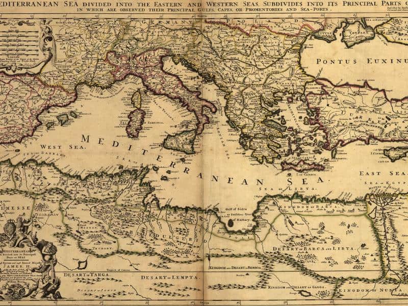 Historical map of the Mediterranean Sea region showing coastal territories, trade routes, and major ports across Europe, North Africa, and the Middle East