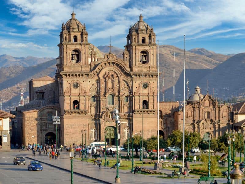 Historic Spanish colonial church with twin towers in Cusco's Plaza de Armas, Peru, representing Peru's ancient history and civilization