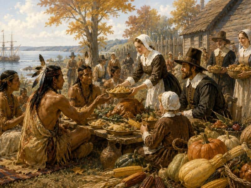 Illustration depicting the first Thanksgiving harvest feast at Plymouth, showing Pilgrims and Native Americans sharing a communal outdoor meal surrounded by autumn harvest crops and early colonial homes.