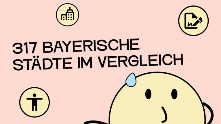 Eine Illustration einer Figur, der irgendwas den Schweiß ins Gesicht treibt. Dazu steht der Text: 317 bayerische Städte im Vergleich.