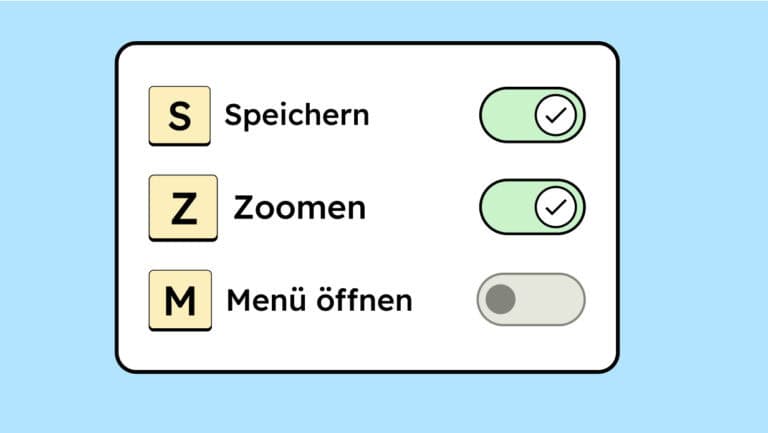 Illustration von den Tasten, S, Z und M. Daneben steht, wofür sie Kurzbefehle sind und ein Switch-Knopf, um sie an- und auszuschalten.