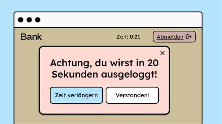 Illustration eines Modals, das den Nutzer warnt, dass er in 20 Sekunden ausgeloggt wird.