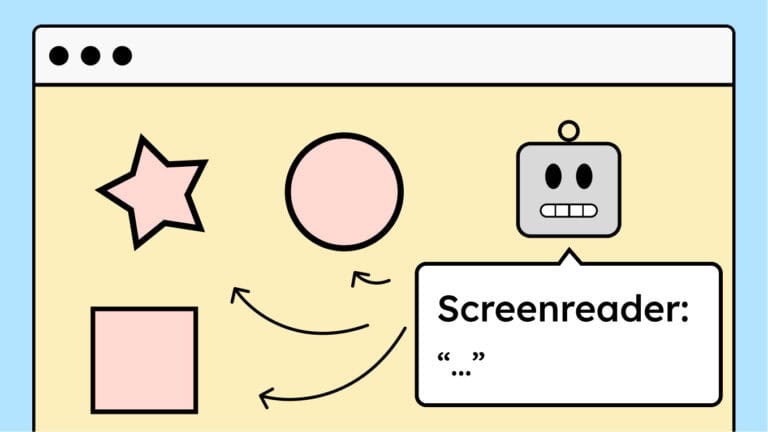 Drei Illustrationen von dekorative Grafiken. Daneben eine Illustration von einem Roboter-Kopf, der einen Screenreader darstellt. Er liest nichts vor, weil die Bilder keinen Alt-Text haben.