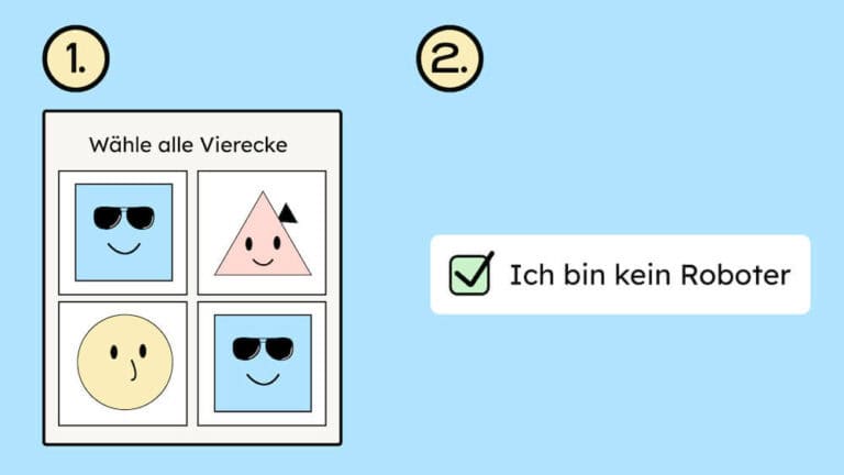 Eine Illustration von einem CAPTCHA, bei dem man Bilder auswählen muss. Daneben ist eine alternatives CAPTCHA, bei dem man anhackt, dass man kein Roboter ist.