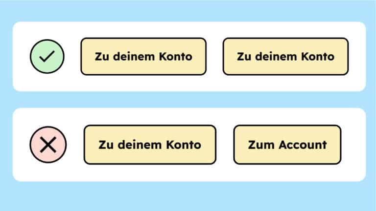 Illustration von zwei Buttons in einer Reihe, die jeweils das gleich sagen, und zwar: "Zu deinem Konto." Darunter wieder zwei Buttons, die aber jetzt jeweils anderer Beschriftung zum gleichen Ziel haben.