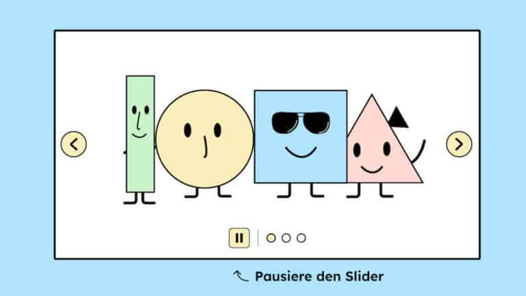 Eine Illustration von einem Slider auf einer Webseite. Der Slider hat ein Pause-Knopf, um ihn anzuhalten.