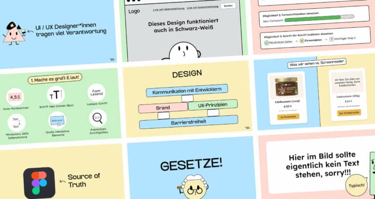 Ein Ausschnitt von neun Folien, aus unserem Workshop über digitale Barrierefreiheit für Designer.