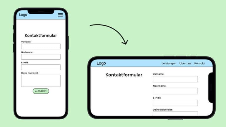 Zwei Illustrationen von einem Handy. Ein mal steht es und ein mal liegt es. Darin ist ein Kontaktformular gezeigt, dass seine Anordnung ändert, wenn das Handy anders gehalten wird.